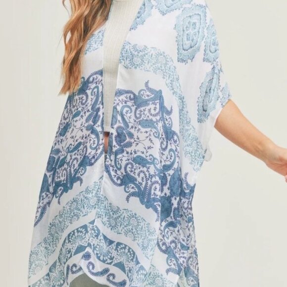 Tops - Bohemian Blue & White Kimono Cardigan NWT